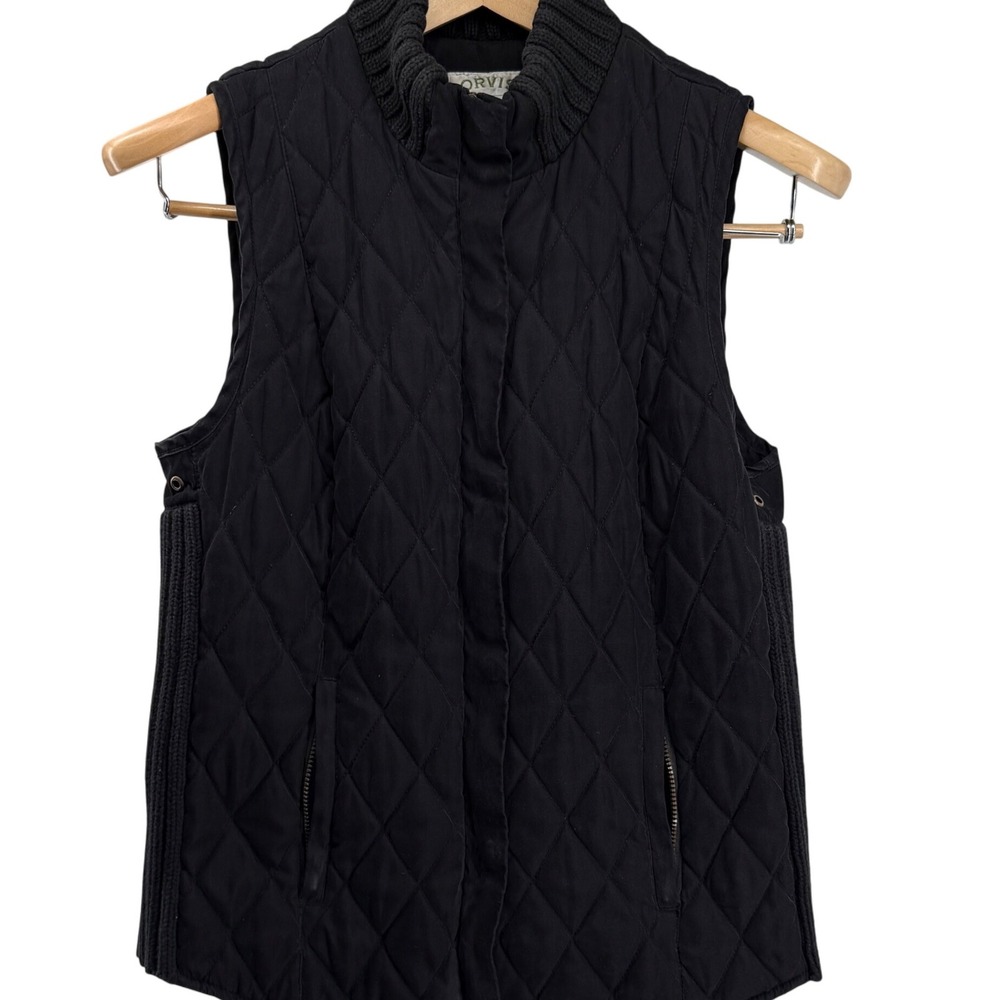 Orvis Quilted Vest Women's Size S Black Rib Knit Collar Full Zip Pockets